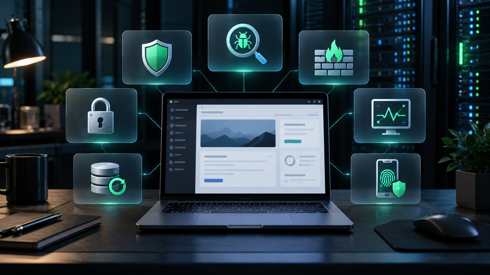 Laptop showing a website dashboard surrounded by seven security icons for shield, malware scan, firewall, lock, backup, monitoring and two-factor login.
