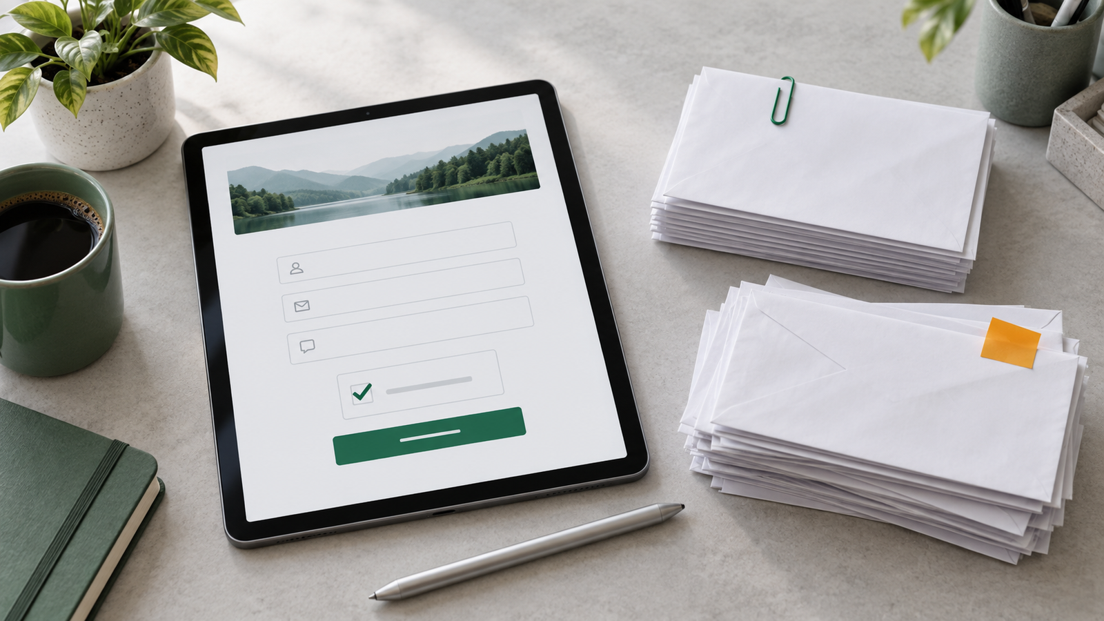 Editorial illustration of a tablet displaying a contact form beside two stacks of envelopes representing sorted messages.