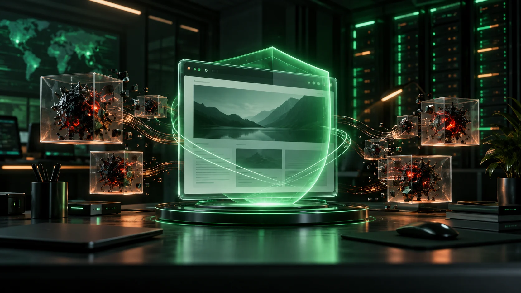 Security illustration showing malware fragments isolated around a protected website screen in a server room.