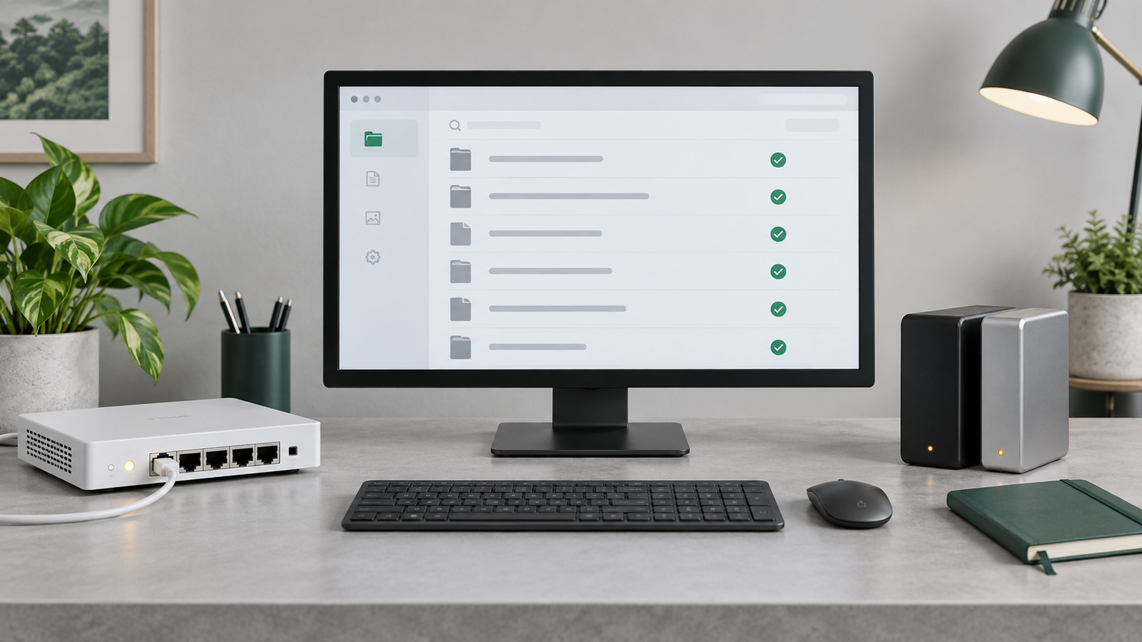 Editorial illustration of network equipment, a file inspection screen and backup drives on an office desk.