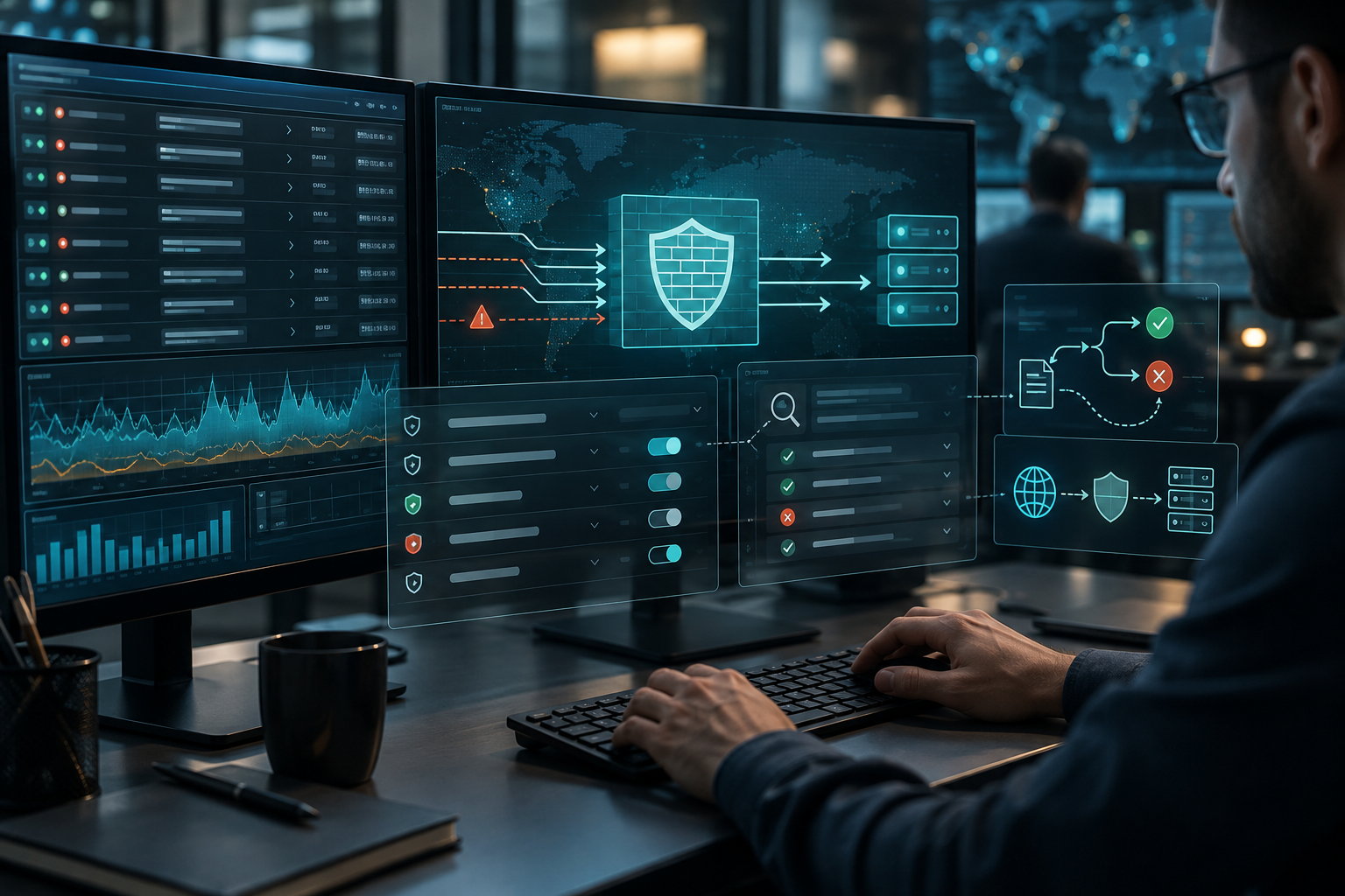 Security operations screen showing website request filtering, policy decisions and protected web traffic.