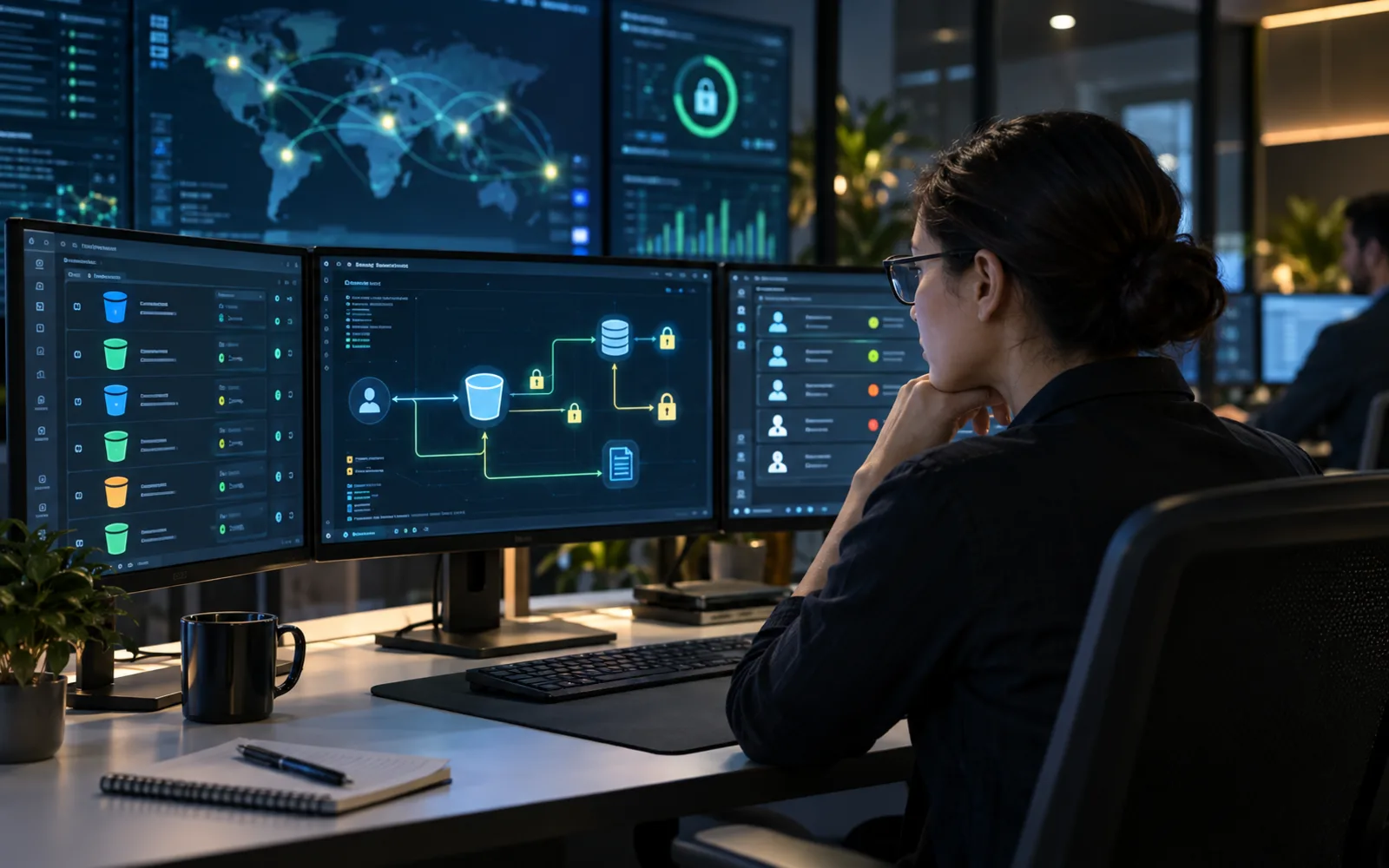 Cloud data security analyst reviewing storage, database, identity and data movement controls