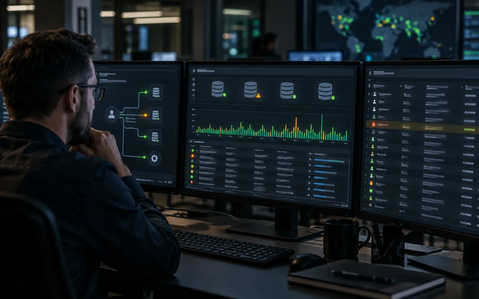 Security analyst reviewing database activity, audit events and privileged access on multiple monitors