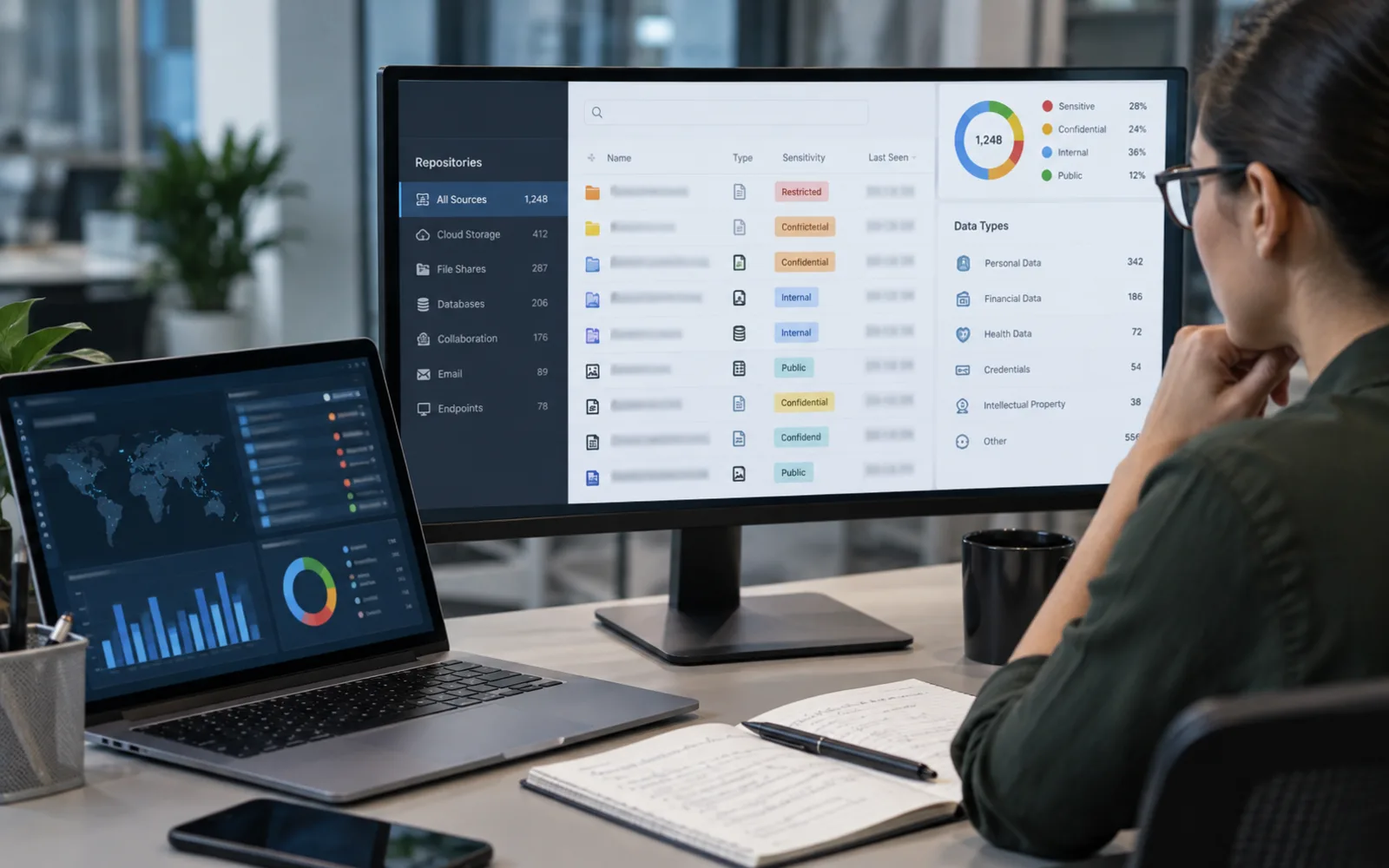 Data discovery and classification review showing repositories and sensitivity labels on a monitor