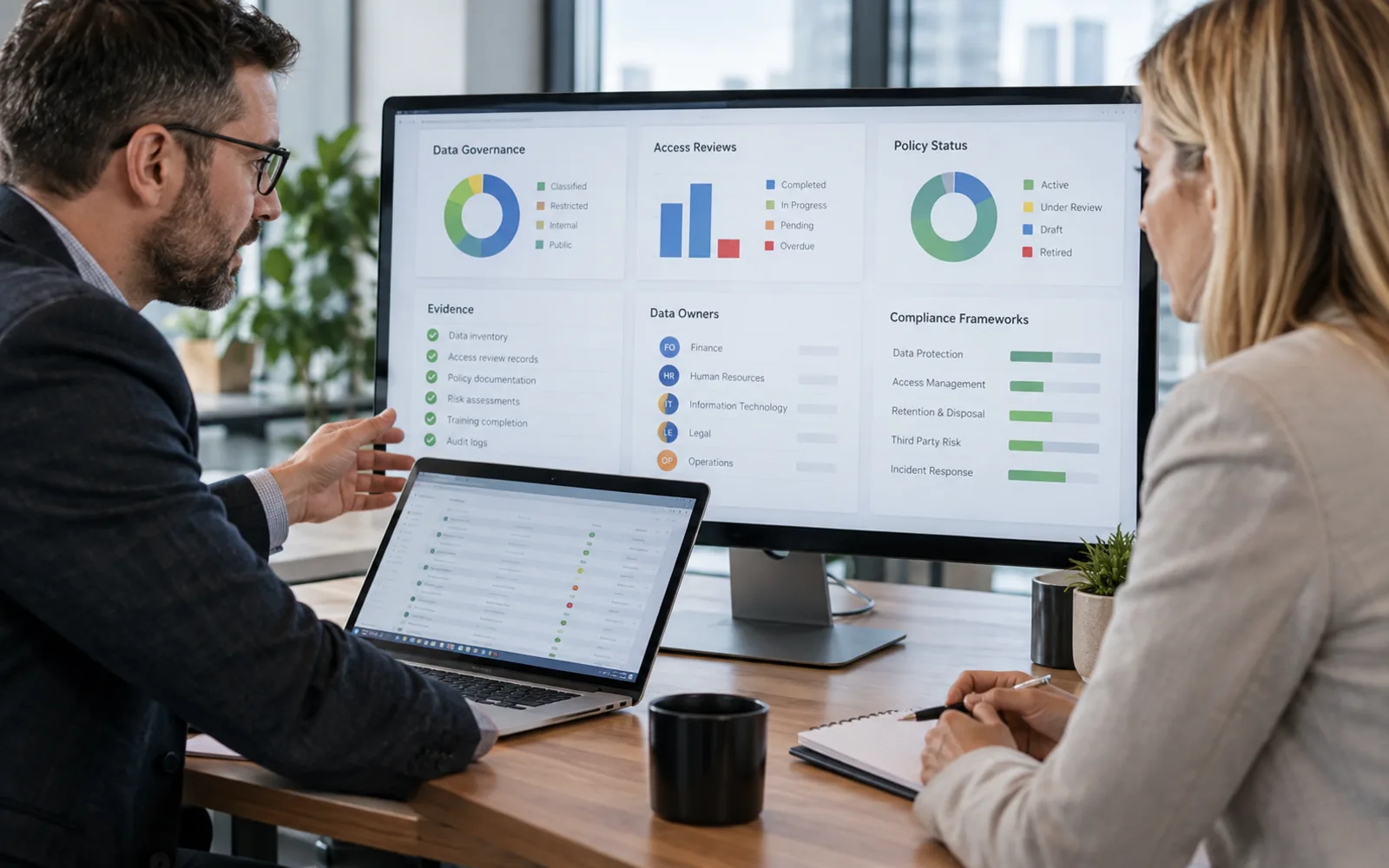 Consultant and business owner reviewing data governance, access review and policy status dashboards