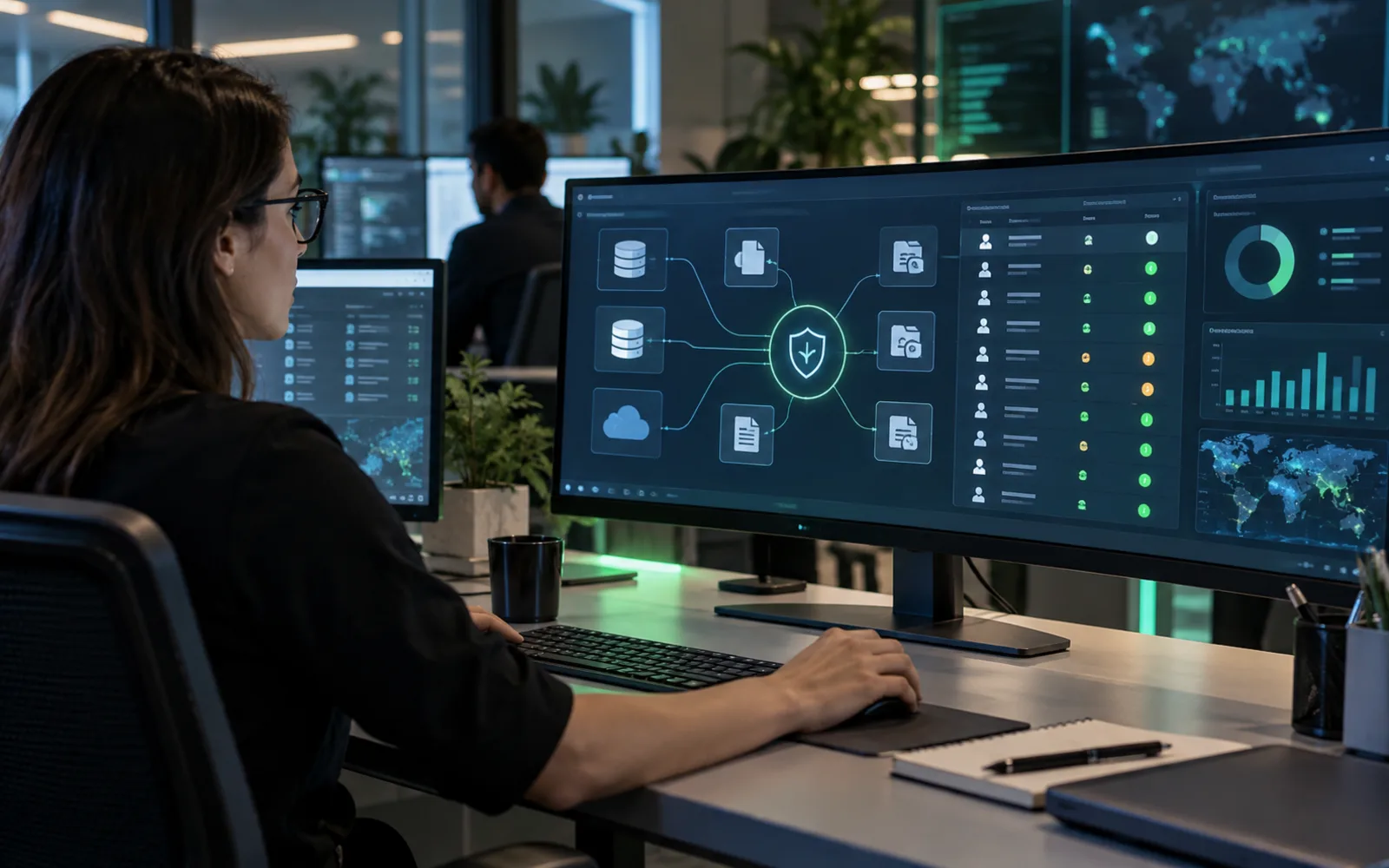 Analyst reviewing a unified data security dashboard with repositories, owners and risk status