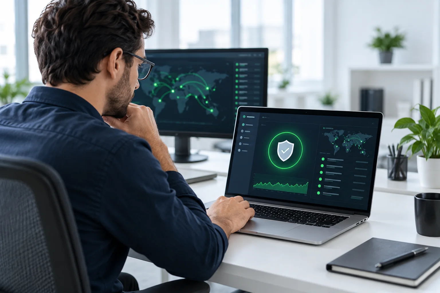Website security specialist reviewing a protected website dashboard