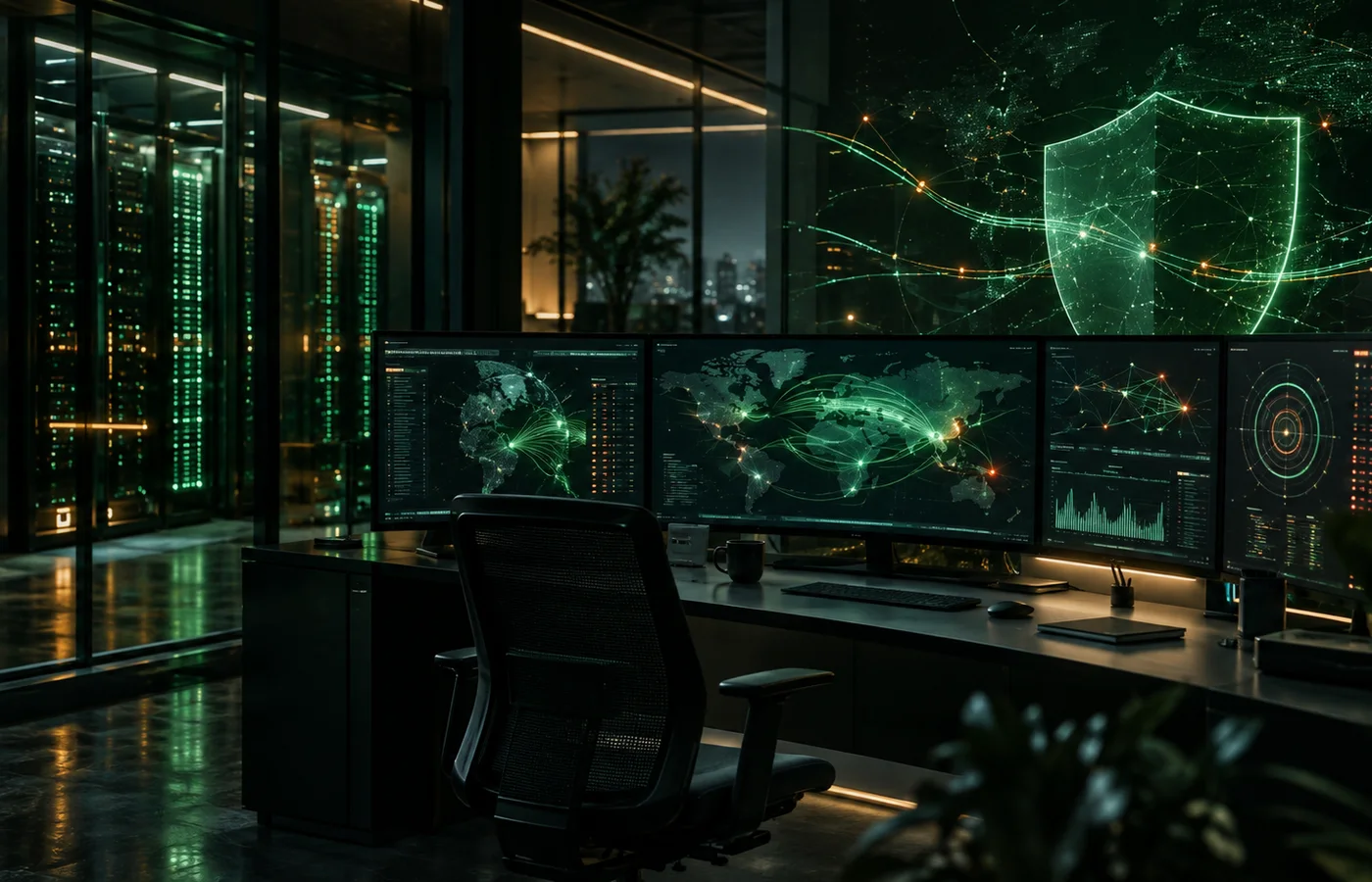 Cyber security operations room with server racks, monitoring screens and a glowing digital shield